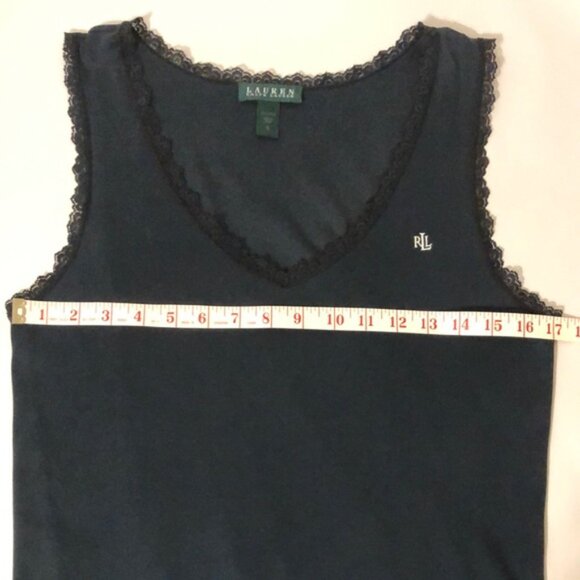 Lauren Ralph Lauren Dark Navy V-neck Black Lace-Trimmed Nightgown Dress sz Small - Picture 8 of 11